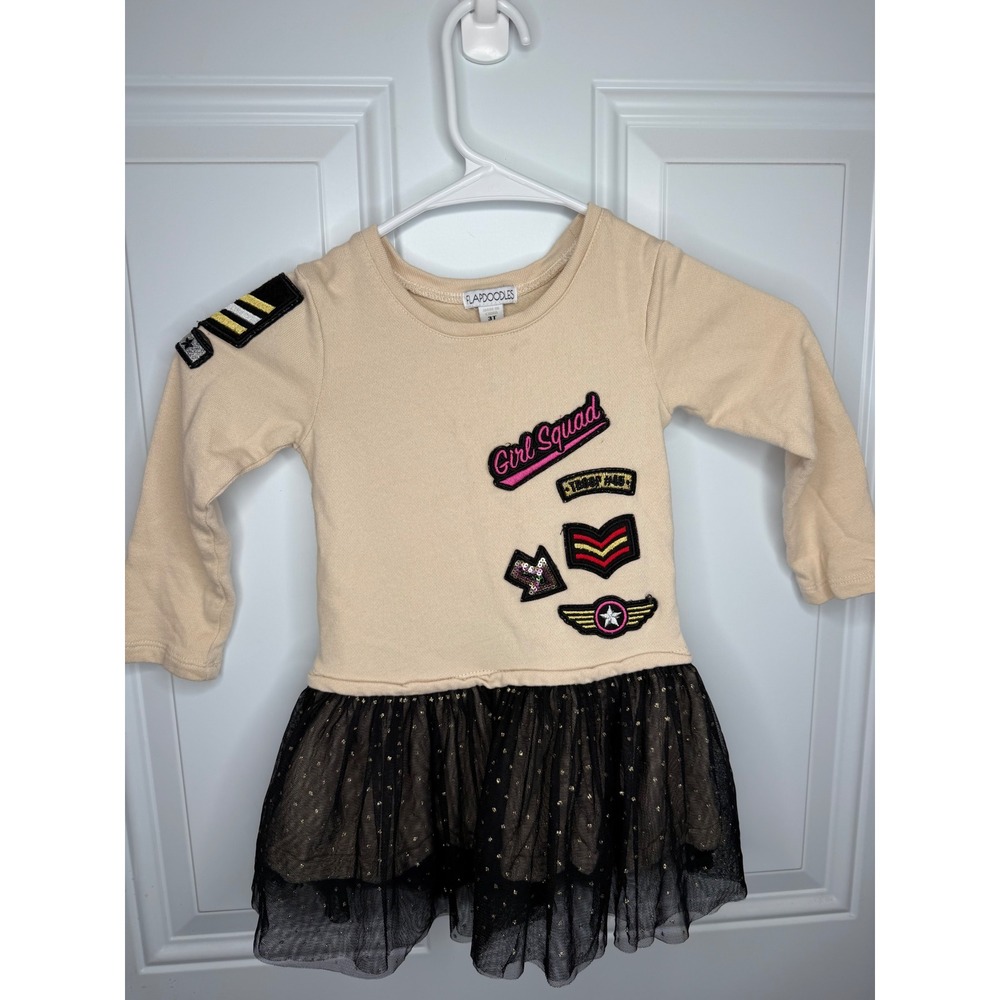 Flapdoodles Girls 3T Tan Sweatshirt Tutu Dress Girl Squad Patches Black Tulle